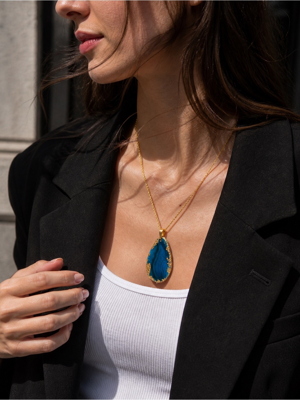Handmade Blue Agate Pendant Necklace Gold Plated 45cm Statement Jewelry - Picture 5 of 8